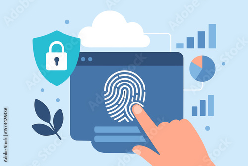 Fingerprint Authentication Cybersecurity Concept. Secure Cloud Data Access. Biometric Login. Digital Identity Protection. Data Privacy. Modern Flat Vector. Security Analytics. Network Safety.