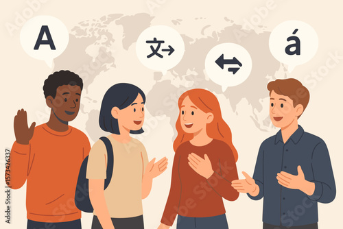 Multicultural young adults communicating in different languages, global language learning, translation, international communication, multilingual education, diversity, world map background