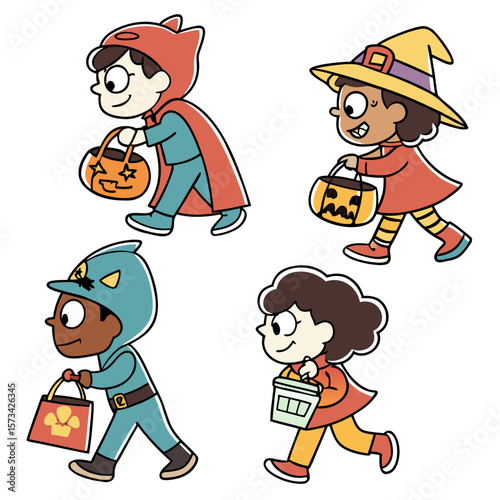 Four diverse cartoon children dressed in fun halloween costumes walking and carrying trick or treat candy buckets on a white background