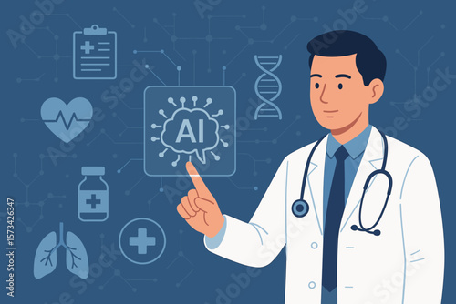 Doctor using AI technology and machine learning in healthcare. Virtual medical interface, precision medicine, digital diagnostics, DNA analysis, future of medical innovation