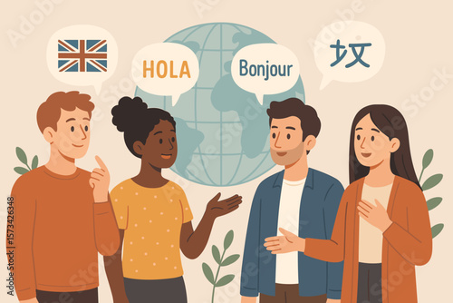 Multilingual Communication and Language Learning Concept, Diverse Young Adults Speaking English Spanish French Chinese, Global Education, International Translation, Cultural Exchange