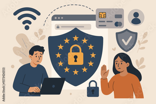 Cybersecurity Data Protection Privacy Concept. GDPR Compliance. European Union Internet Security. Secure Online Payment. User Information Safety. Shield Lock Icon. Flat Vector Illustration
