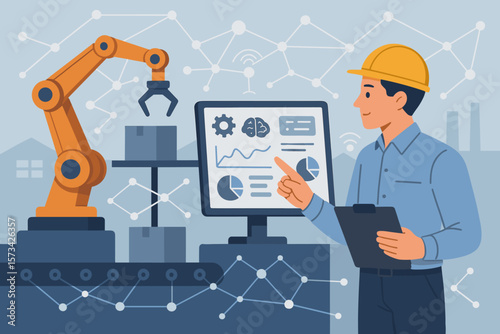 Industrial engineer manager controlling robotic arm with AI monitoring system, automation dashboard, data analytics, smart factory, network connection, modern industry 4.0 vector