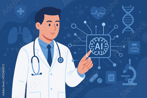 Doctor using virtual interface with AI machine learning, precision medicine, medical technology, DNA, healthcare innovation, future of medicine, digital health network