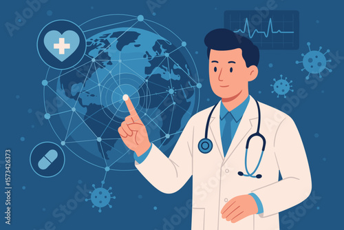 Global Healthcare Technology Concept—Doctor with Stethoscope Touching Digital Network, Medical Innovation, Virus Spread, Data Visualization, Virtual Interface, Pandemic, Telemedicine, Health Security