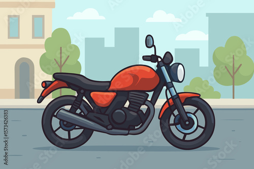 Urban Motorcycle Parking Scene. Modern Flat Vector Illustration. Red Motorbike Parked on City Street. Urban Transportation, Commuting, Vehicle, Mobility, Cityscape, Outdoor, No People, Daytime
