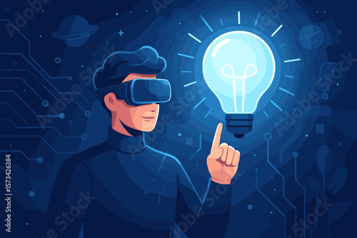 Futuristic Metaverse Technology Concept. Teenager Using VR Virtual Reality Headset Experiencing Immersive Digital World, Simulation, Visualization, Gaming, 3D, AR, VR Innovation