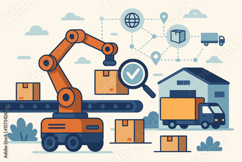 Automated Product Inspection Robot in Smart Logistics Network. Conveyor Belt, Package Sorting, Warehouse, Delivery Truck, Supply Chain Management, Modern Flat Vector Illustration