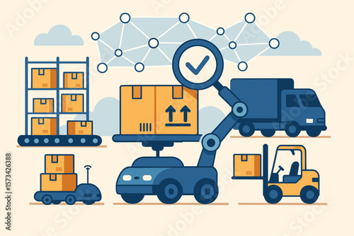 Product inspection robotics, network logistics and transportation automation, modern flat vector cartoon illustration, smart warehouse technology, automated delivery system