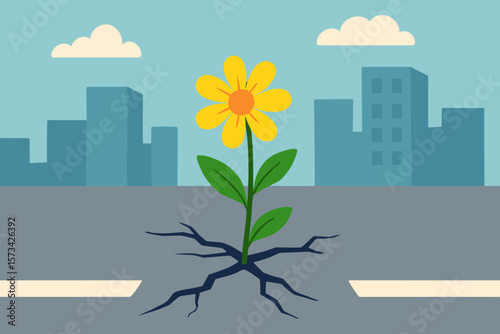 Resilience and Hope Concept. Yellow Flower Growing Through Asphalt Crack in Urban City Street. Nature Overcoming Adversity. Urban Renewal, Survival, Strength, Optimism, Growth