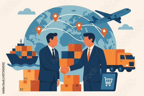 Global logistics partnership, international shipping, import export business, businessmen handshake, worldwide distribution, cargo transport, supply chain network, e-commerce