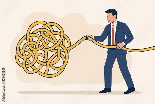 Businessman untangling complex knot metaphor for problem solving, overcoming chaos, resolving complicated issues, confusion, business challenges, difficulty, solution concept