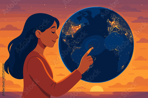Woman Touching Illuminated Planet Earth at Night, Global Energy Consumption, Hope and Sustainability, Sunset Sky, Modern Flat Vector Illustration