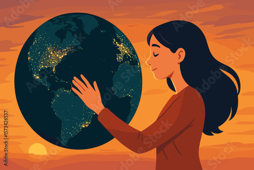 Woman Touching Planet Earth at Night Showing Global Energy Consumption, Hopeful Sunset, Environmental Awareness, Modern Flat Vector Illustration