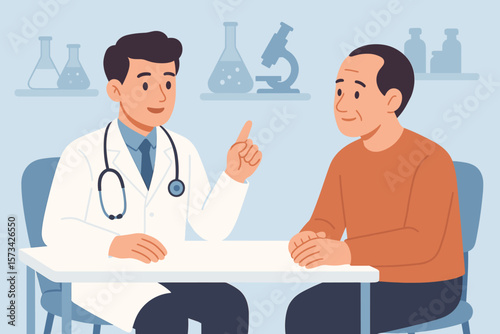 Young doctor consultation with patient, stethoscope, medical advice, laboratory background, healthcare discussion, diagnosis, modern flat vector illustration, clinical visit, professional advice