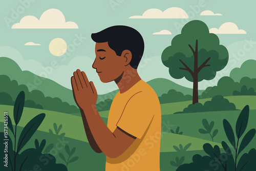 Man praying in nature finding inner peace and spiritual balance. Concept of mindfulness, meditation, gratitude and harmony. Connection with the earth for mental health and wellbeing.