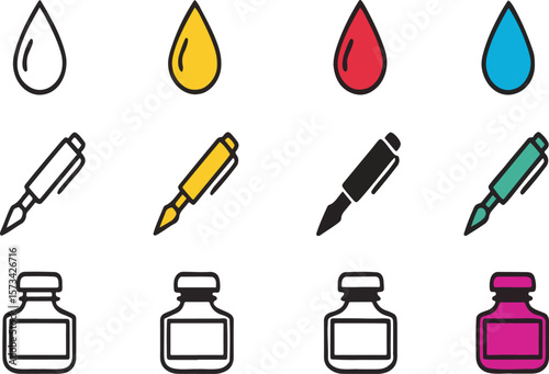 Illustrated ink and pen set featuring colorful drops and fountain pen icons for design