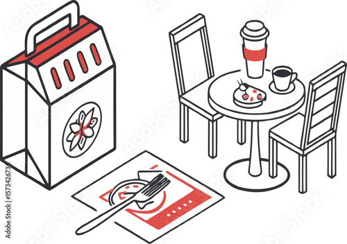 Isometric illustration of a cafe scene with takeout box and breakfast menu on the floor.