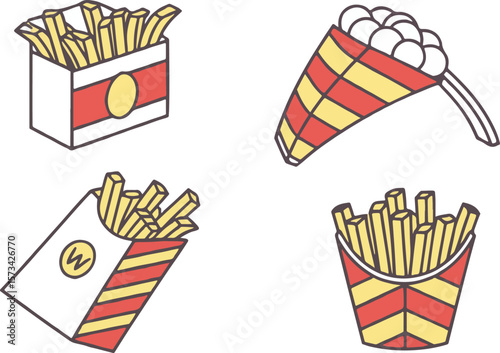 Cartoon illustrations of delicious french fries in different packaging for fast food restaurants