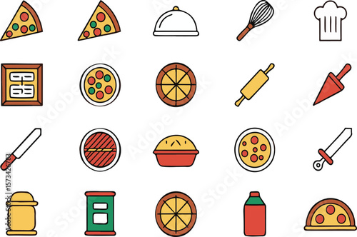Colorful and playful pizza and baking related vector icons on a clean white background