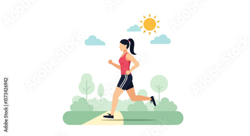 Adobe Illustrator artwork flat style illustration of a woman running confidently through a summer park with trees and clear skies, embodying fitness and outdoor activity