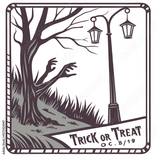 Spooky halloween scene with a gnarled tree reaching monster hands a lamppost with two lanterns and the words trick or treat in a stylized font