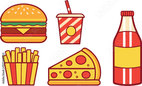 Illustrated icons of popular fast food items including burger pizza fries and drinks