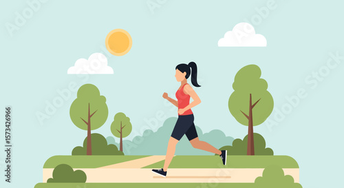 Adobe Illustrator artwork flat style illustration of a woman running confidently through a summer park with trees and clear skies, embodying fitness and outdoor activity