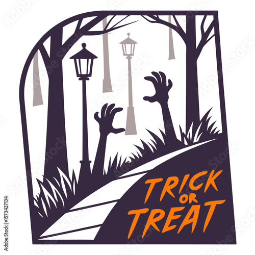 Spooky halloween scene with zombie hands emerging from the ground near lampposts and trees with the words trick or treat