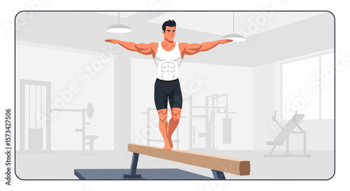 Adobe Illustrator artwork flat style illustration of a muscular male gymnast on a balance beam, showcasing impressive strength, poise, and control in a gym
