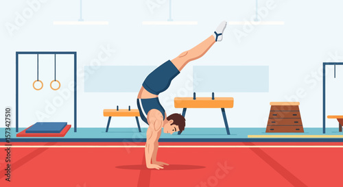 
Adobe Illustrator artwork flat style illustration of a male gymnast performing a handstand on a mat in a gym, demonstrating impressive strength and balance