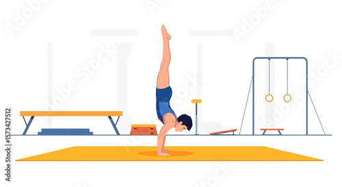 
Adobe Illustrator artwork flat style illustration of a male gymnast performing a handstand on a mat in a gym, demonstrating impressive strength and balance