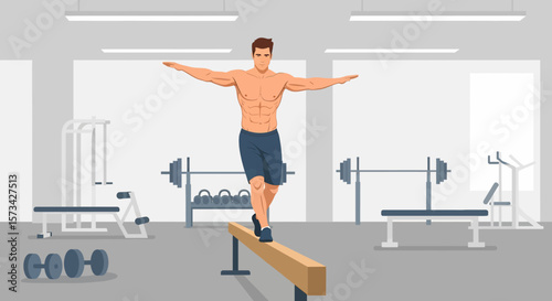 Adobe Illustrator artwork flat style illustration of a muscular male gymnast on a balance beam, showcasing impressive strength, poise, and control in a gym
