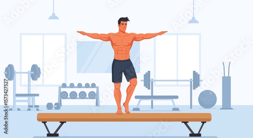 Adobe Illustrator artwork flat style illustration of a muscular male gymnast on a balance beam, showcasing impressive strength, poise, and control in a gym