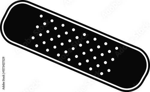 Black and White Rectangular Adhesive Bandage Illustration Graphic Element with White Dotted Center Medical Plaster Design