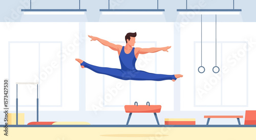 Adobe Illustrator artwork flat style illustration of a male gymnast executing a dynamic split jump in a well-equipped gymnasium, displaying athleticism and control