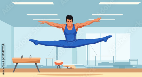 Adobe Illustrator artwork flat style illustration of a male gymnast executing a dynamic split jump in a well-equipped gymnasium, displaying athleticism and control