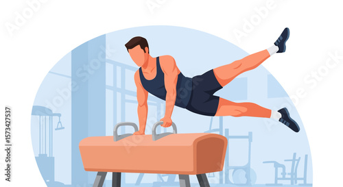 Adobe Illustrator artwork flat style illustration of a male gymnast expertly performing on a pommel horse in a gym, highlighting strength, precision, and athletic prowess