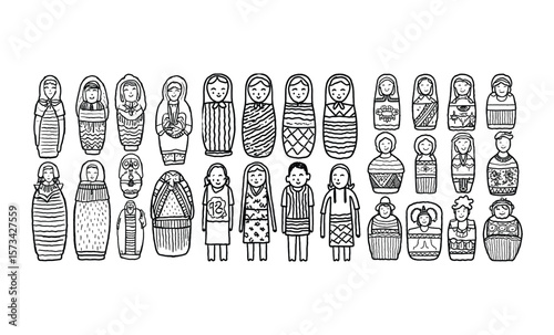 A charming collection of nesting dolls, also known as matryoshka dolls, showcases diverse designs and patterns, ideal for crafting projects or enhancing cultural themes.
