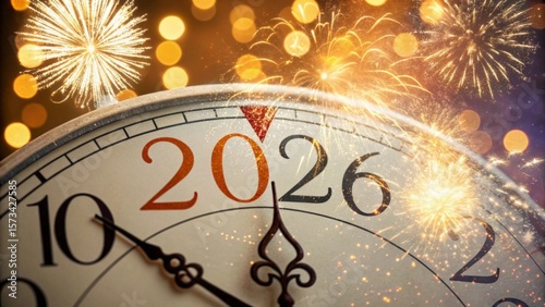 Digital clock displaying 2026 arrival with exploding fireworks, glowing lights marking festive New Year's Eve celebration moment