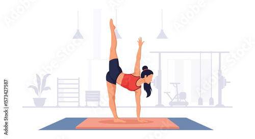 Adobe Illustrator artwork flat style illustration of a female gymnast performing a handstand, showcasing incredible strength, balance, and acrobatic skill in a gym setting