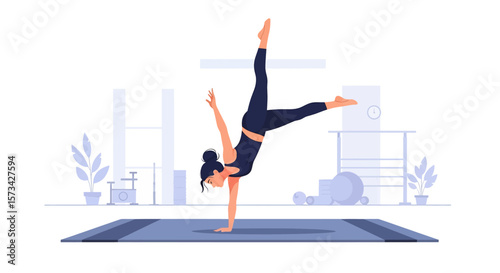 Adobe Illustrator artwork flat style illustration of a female gymnast performing a handstand, showcasing incredible strength, balance, and acrobatic skill in a gym setting