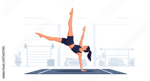 Adobe Illustrator artwork flat style illustration of a female gymnast performing a handstand, showcasing incredible strength, balance, and acrobatic skill in a gym setting