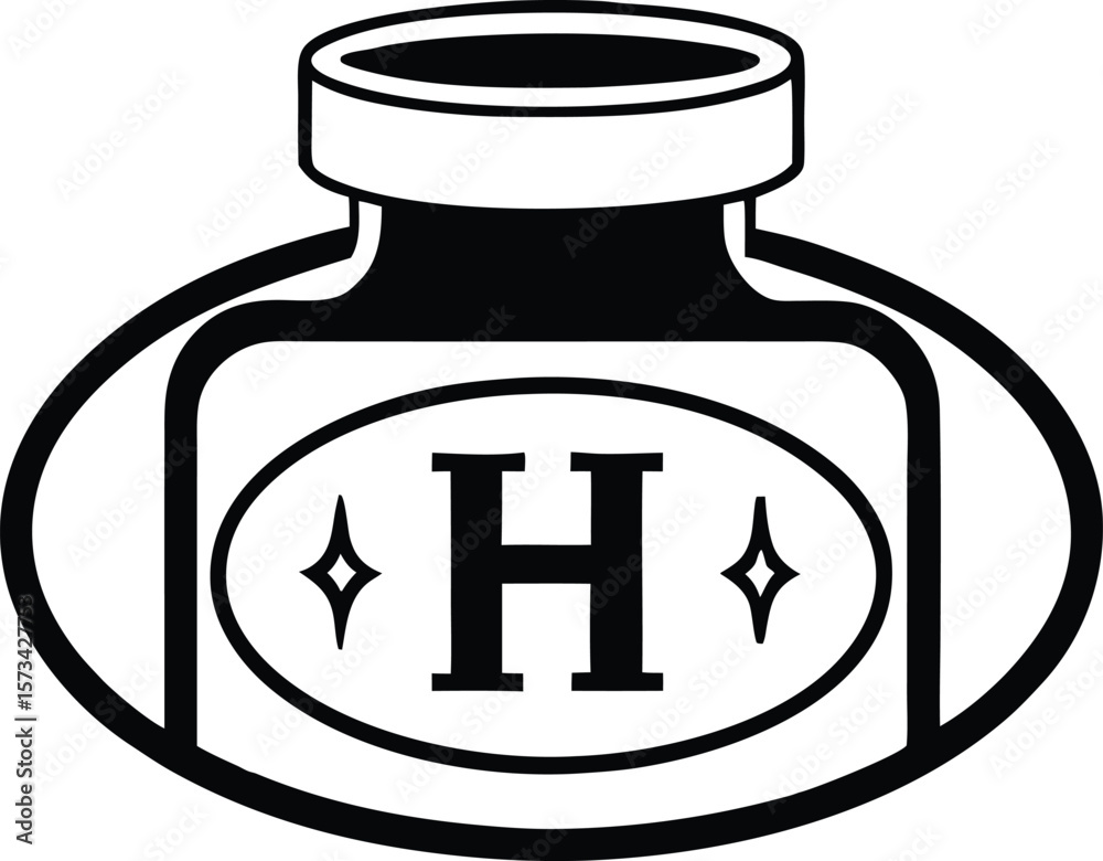 Obraz premium Black and white vector illustration of a medicine bottle with a bold capital H on an oval label flanked by diamond shapes