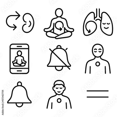 Meditation Icons Outline. Outline style icons of Meditation and Breathing: inhale-exhale arrows, seated figure, breath circle,