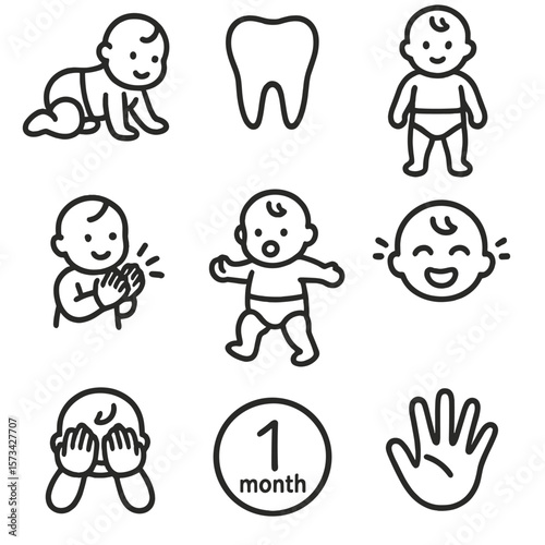 Baby Milestones Icons. Outline style icons of Baby Milestones: crawling baby, first tooth, standing pose, baby clapping, first