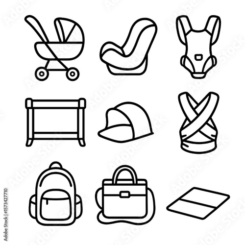 On-the-Go Parenting Essentials. Outline style icons of On-the-Go Parenting: stroller, car seat, baby carrier, travel crib,