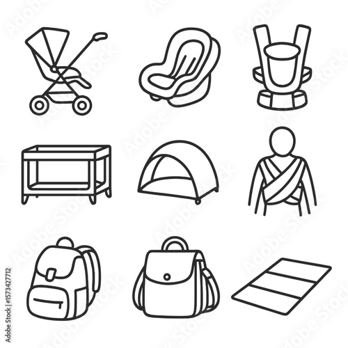 On-the-Go Parenting Essentials. Outline style icons of On-the-Go Parenting: stroller, car seat, baby carrier, travel crib,