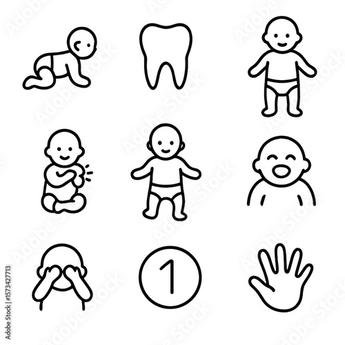 Baby Milestones Icons. Outline style icons of Baby Milestones: crawling baby, first tooth, standing pose, baby clapping, first
