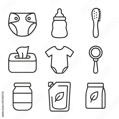 Sustainable Baby Icons. Outline style icons of Sustainable Baby Care: cloth diaper, eco bottle, bamboo brush, reusable wipes,